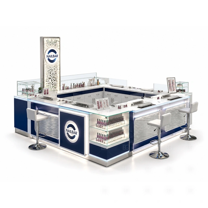 Blue Mall Nail Kiosk Design with a blue-white design with clear mall-facing signage shown in the blue mall nail kiosk design product photos for mall nail salon service