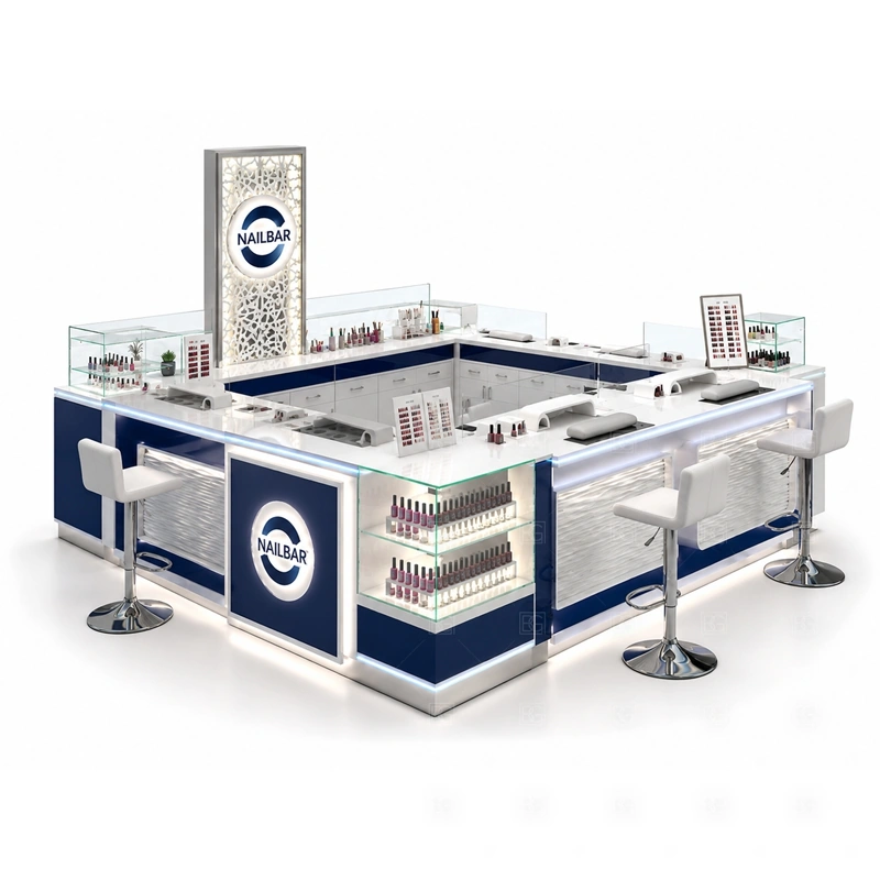 Blue Mall Nail Kiosk Design layout showing blue mall nail kiosk layout with service counters and multi-side visibility shown in the blue mall nail kiosk design product photos, with center-court traffic where customers may approach from more than one direction