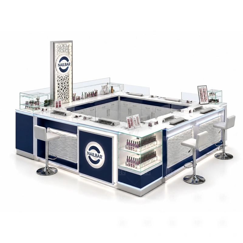 Blue Mall Nail Kiosk Design display detail for blue-white retail display counters, product shelves, and service surfaces planned for nail polish, retail beauty products, manicure tools, and customer-facing display