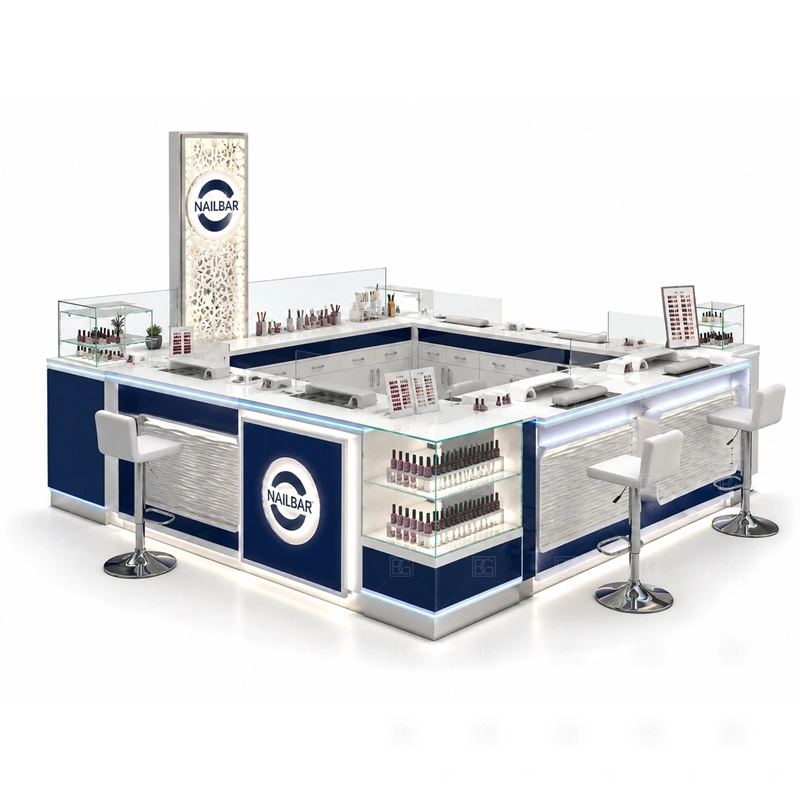 Blue Mall Nail Kiosk Design branding detail for tall blue logo signs and clean LED brand lighting coordinated with salon color, front panels, light boxes, and mall-facing graphics