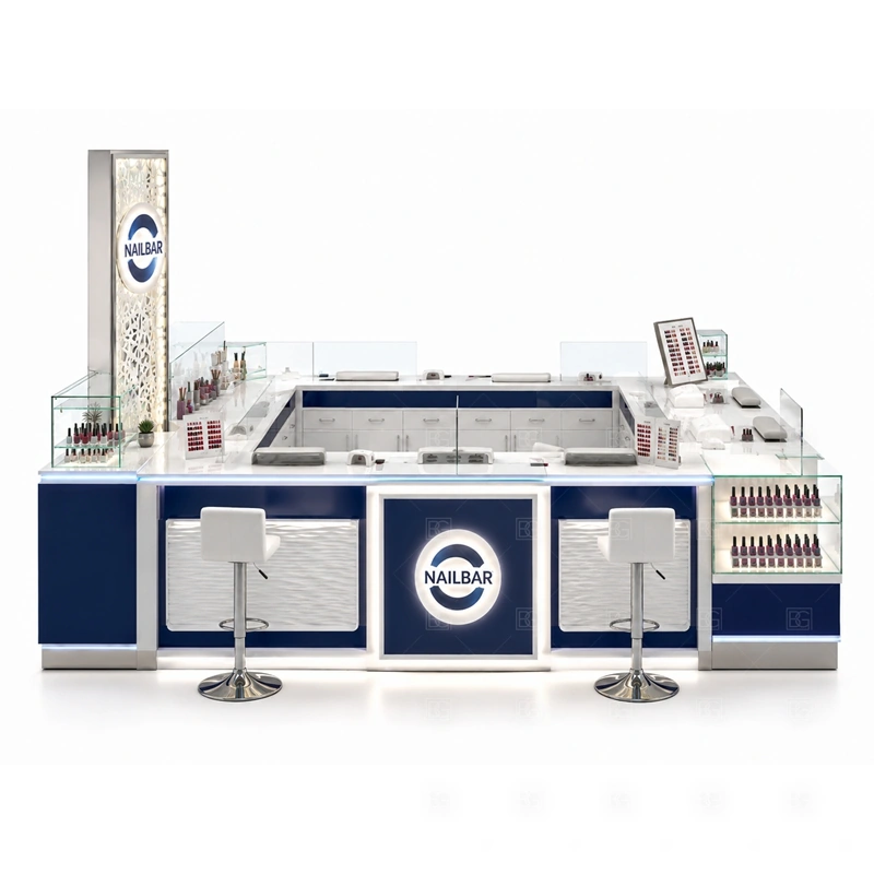 Blue Mall Nail Kiosk Design storage detail for tool drawers, towel storage, polish stock, service supply cabinets, cable access, and cleaning space planned for blue mall nail kiosk design