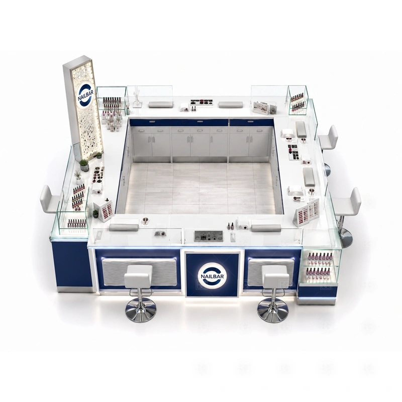 Blue Mall Nail Kiosk Design buyer planning detail for Blue Mall Nail Kiosk Design target size, technician seat count, manicure counter length, polish shelf quantity, logo sign size, lighting color, mall rules, destination country