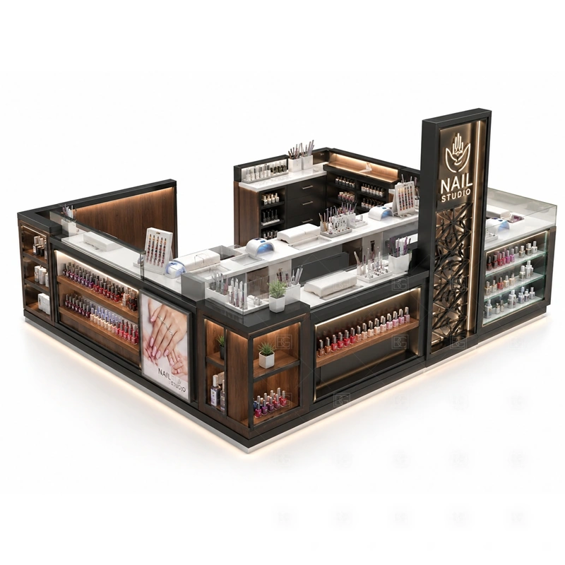 Commercial Nail Salon Kiosk Counter with a darker professional counter style for commercial nail services shown in the commercial nail salon kiosk counter product photos for mall nail salon service