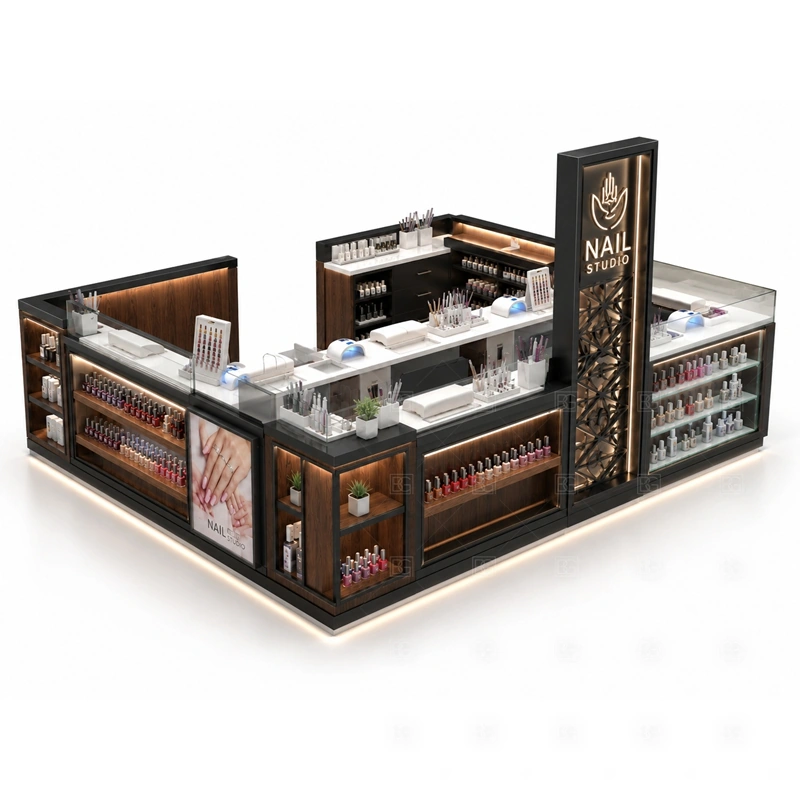 Commercial Nail Salon Kiosk Counter layout showing commercial nail salon kiosk counter layout with service counters and storage zones shown in the commercial nail salon kiosk counter product photos, with food court traffic where order, payment, and pickup need a clean sequence