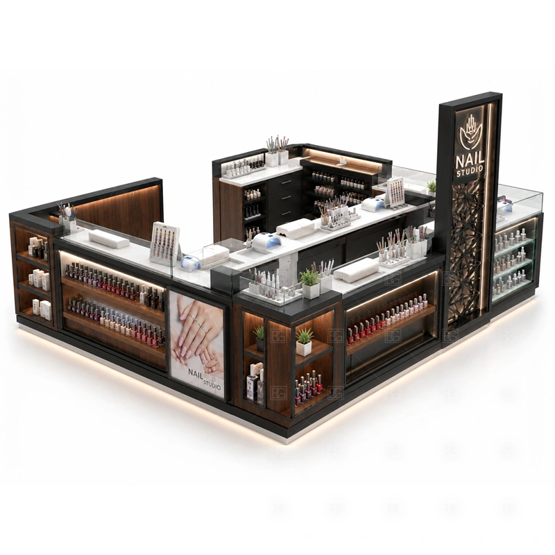 Commercial Nail Salon Kiosk Counter display detail for dark retail counters, polish display shelves, and customer-facing showcases planned for nail polish, retail beauty products, manicure tools, and customer-facing display