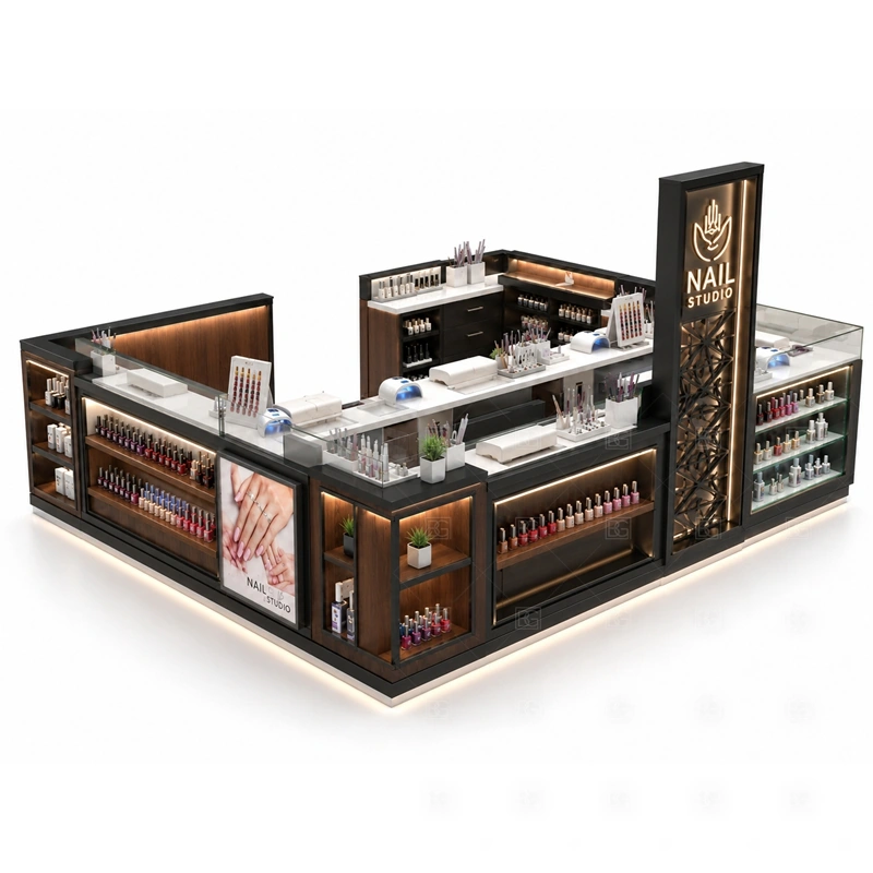 Commercial Nail Salon Kiosk Counter branding detail for commercial logo tower and warm LED counter lighting coordinated with salon color, front panels, light boxes, and mall-facing graphics