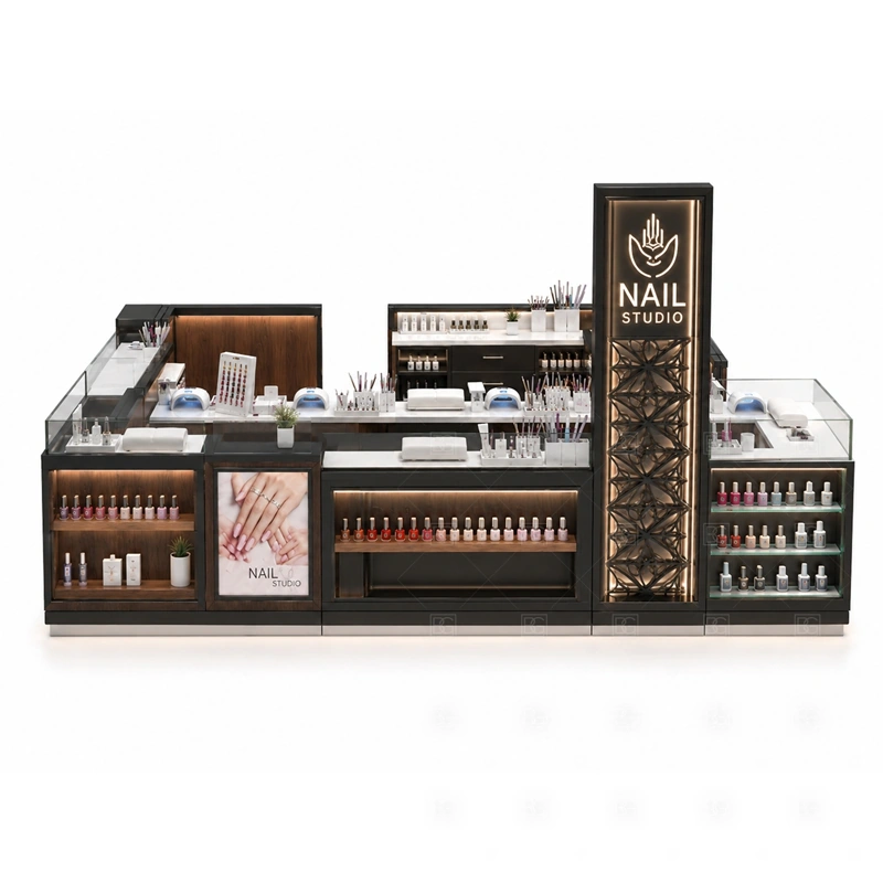 Commercial Nail Salon Kiosk Counter storage detail for tool drawers, towel storage, polish stock, service supply cabinets, cable access, and cleaning space planned for commercial nail salon kiosk counter