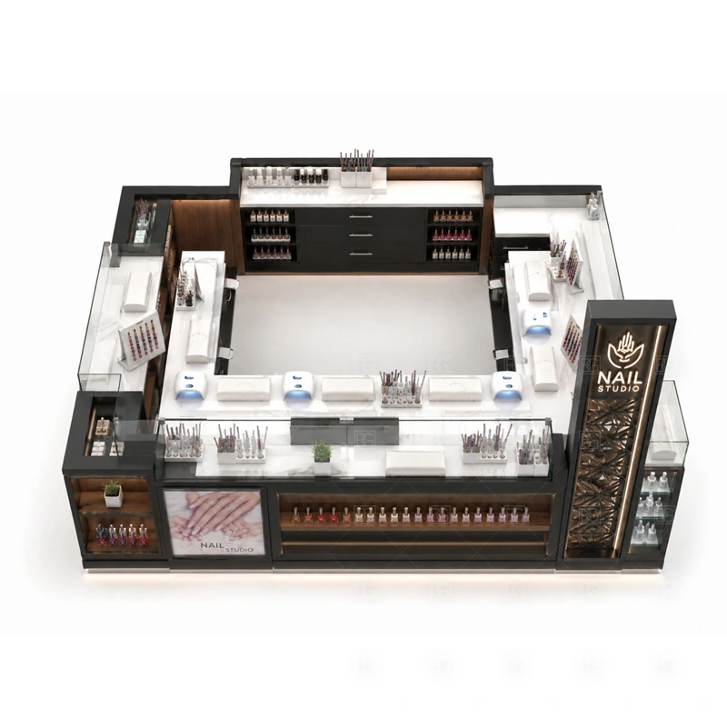 Commercial Nail Salon Kiosk Counter buyer planning detail for Commercial Nail Salon Kiosk Counter target size, technician seat count, manicure counter length, polish shelf quantity, logo sign size, lighting color, mall rules, destination country