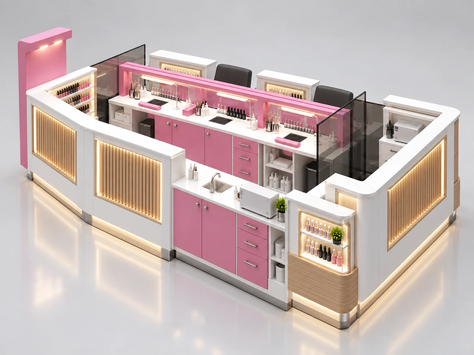 Compact Mall Nail Kiosk with Two Service Seats opposite angle showing the complete layout