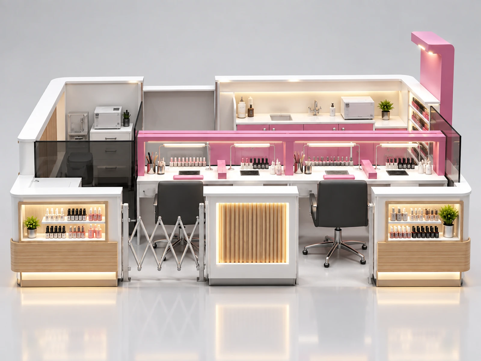 Compact Mall Nail Kiosk with Two Service Seats customer-facing service and display detail
