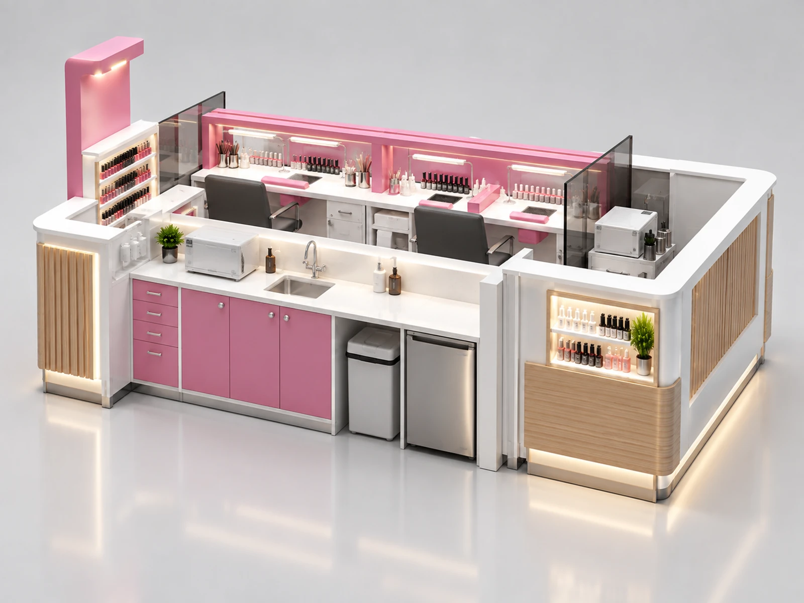 Compact Mall Nail Kiosk with Two Service Seats staff-side equipment, utilities, and storage view