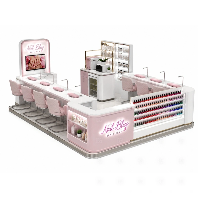 Compact Nail Salon Booth for Mall layout showing compact nail salon booth layout with efficient counters and customer entry shown in the compact nail salon booth for mall product photos, with compact lease areas where storage and customer flow must be planned carefully