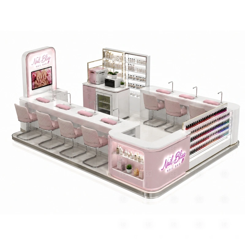 Compact Nail Salon Booth for Mall display detail for polish shelves, small product display, and front-facing service counters planned for nail polish, retail beauty products, manicure tools, and customer-facing display