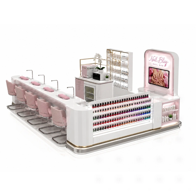 Compact Nail Salon Booth for Mall branding detail for compact logo panels and clear mall-facing brand graphics coordinated with salon color, front panels, light boxes, and mall-facing graphics