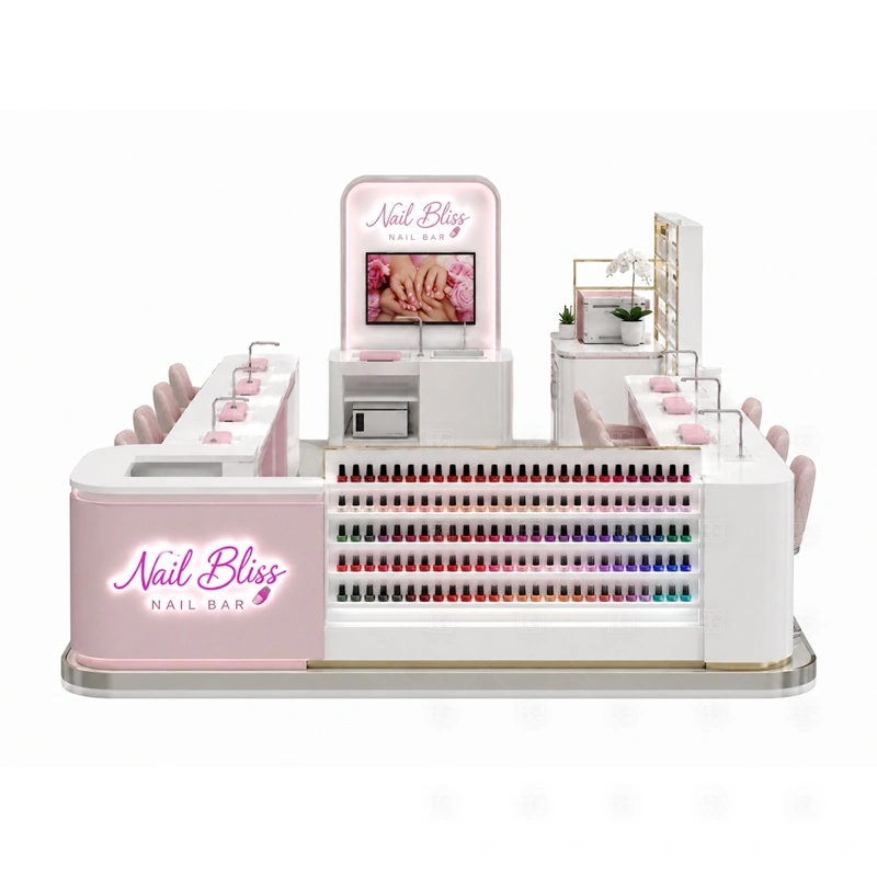 Compact Nail Salon Booth for Mall storage detail for tool drawers, towel storage, polish stock, service supply cabinets, cable access, and cleaning space planned for compact nail salon booth for mall
