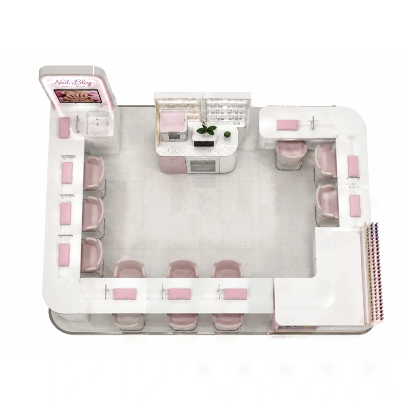 Compact Nail Salon Booth for Mall buyer planning detail for Compact Nail Salon Booth for Mall target size, technician seat count, manicure counter length, polish shelf quantity, logo sign size, lighting color, mall rules, destination country