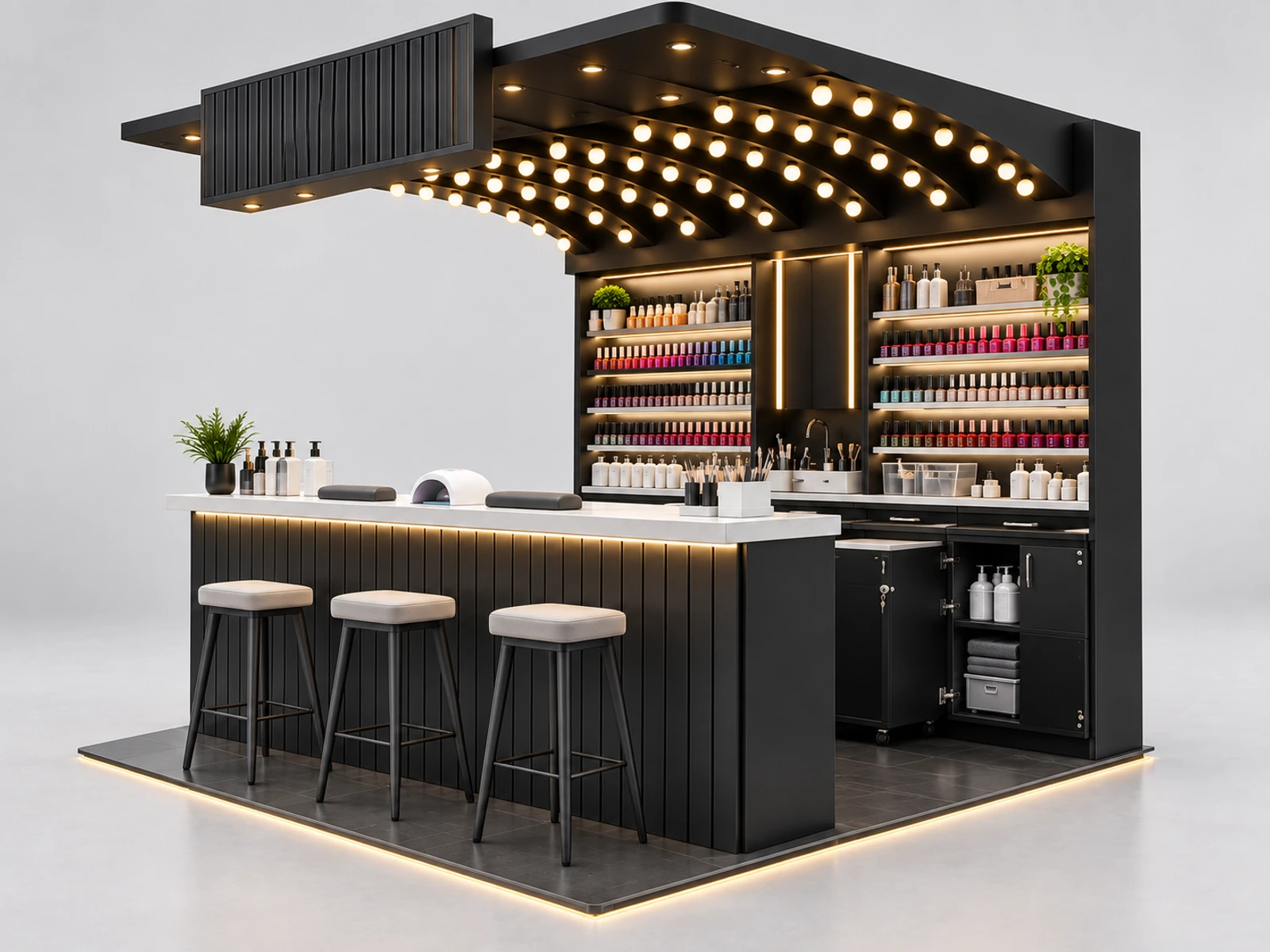 Corner Nail Kiosk with Space-Saving Storage opposite angle showing the complete layout