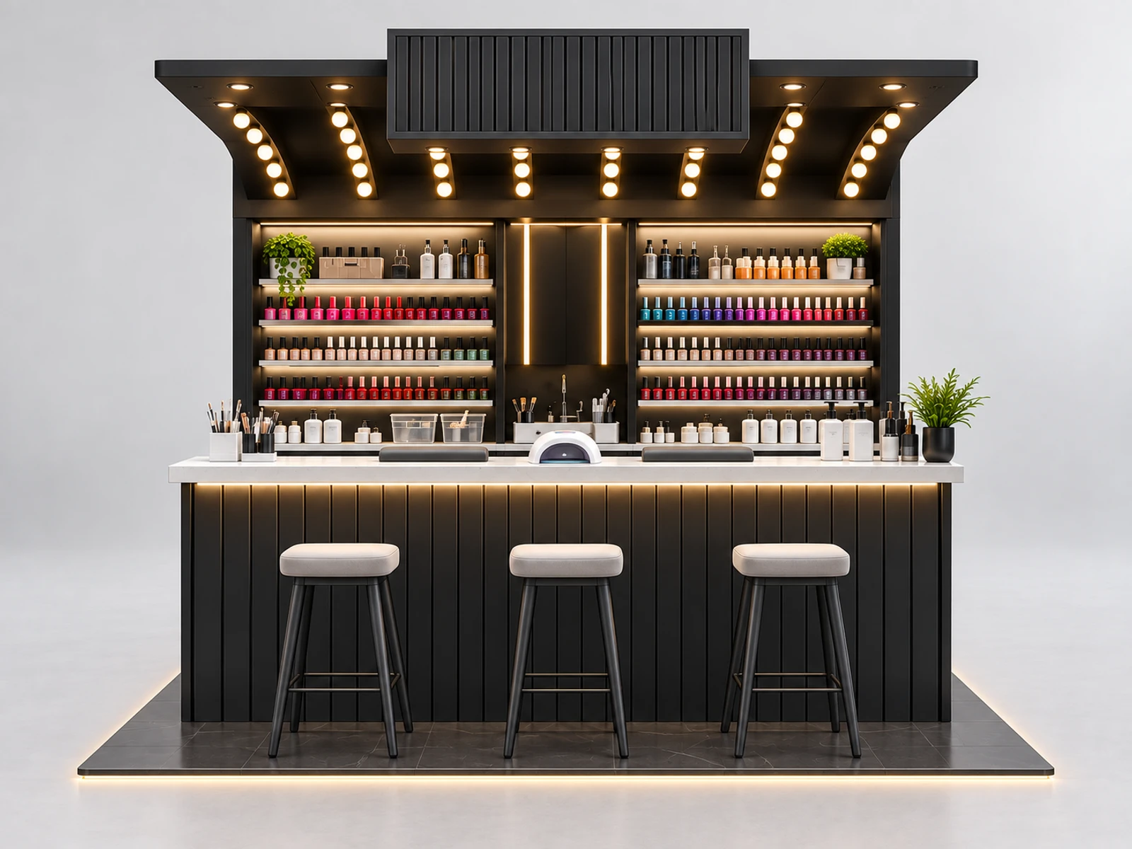 Corner Nail Kiosk with Space-Saving Storage customer-facing service and display detail