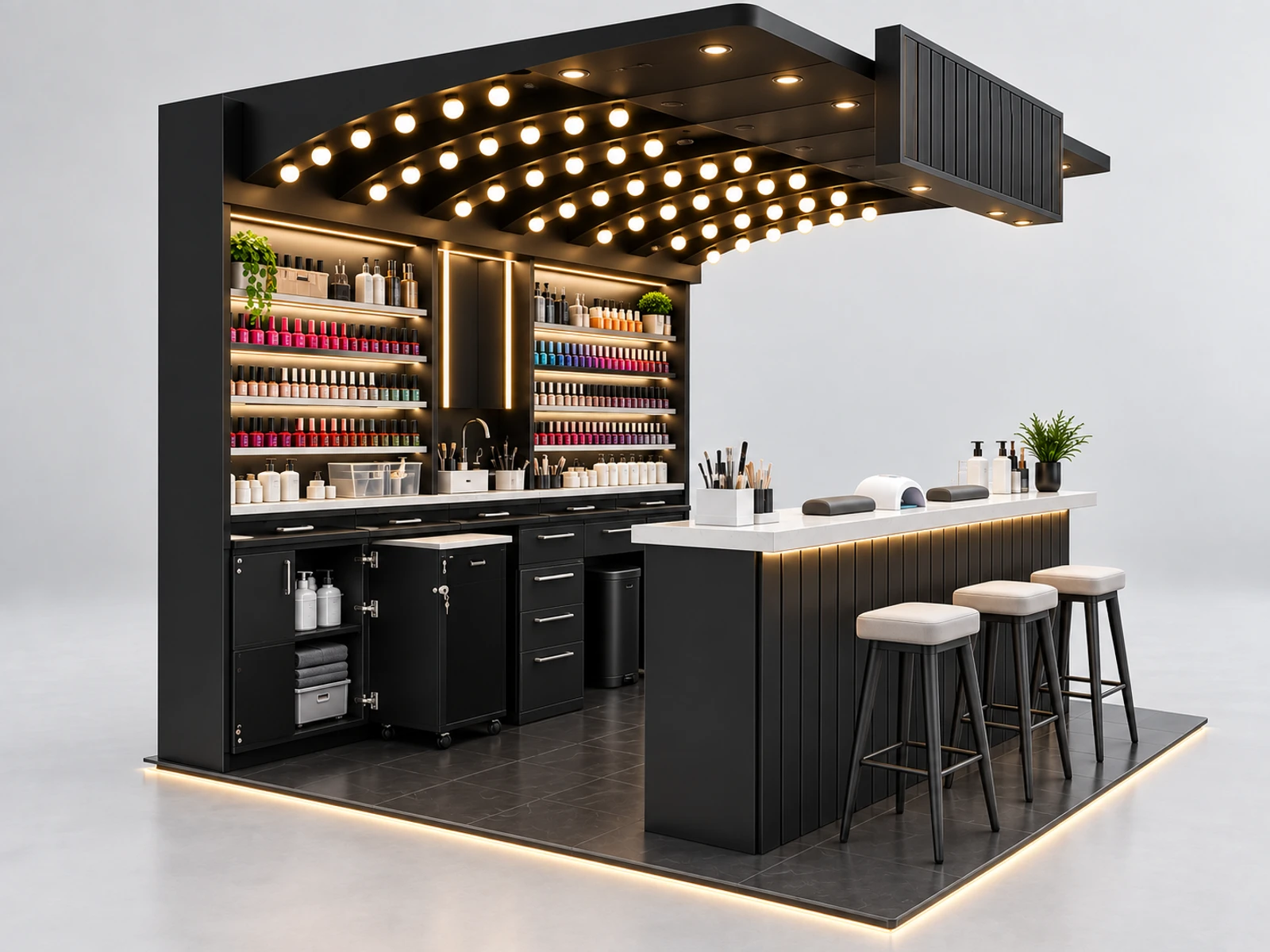Corner Nail Kiosk with Space-Saving Storage staff-side equipment, utilities, and storage view