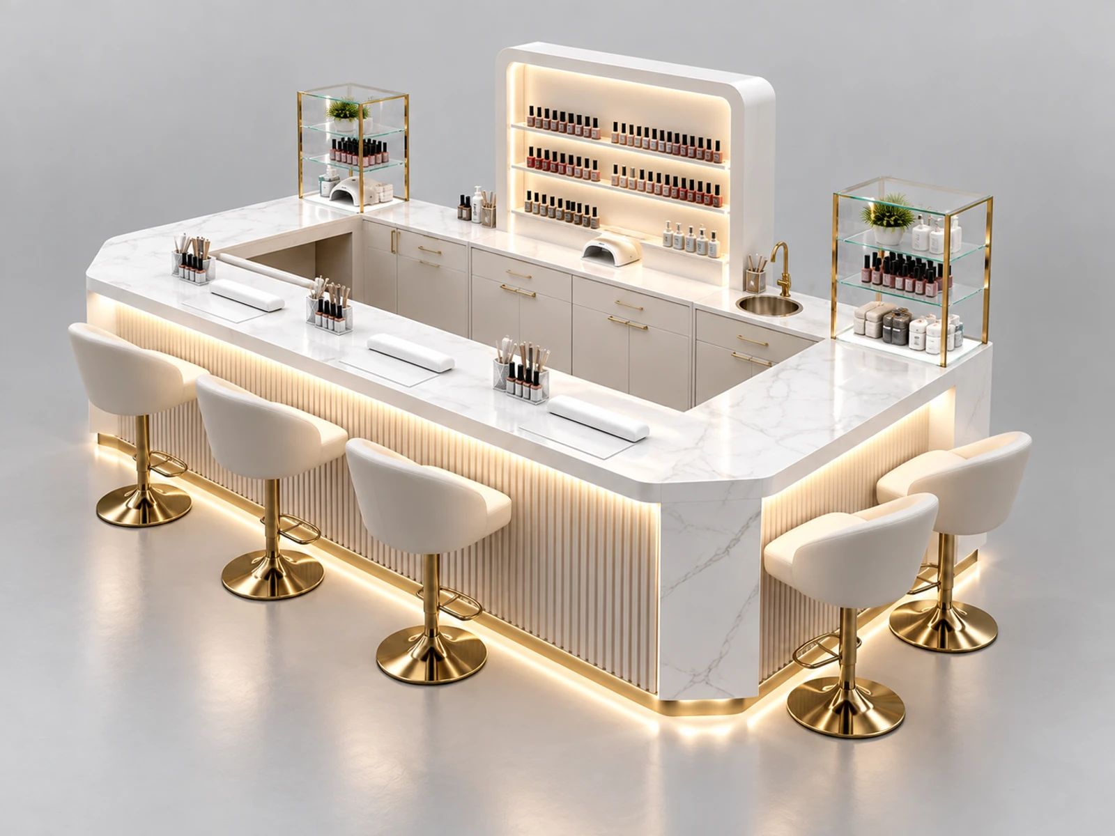 Curved Nail Bar Kiosk with Central Reception Desk opposite angle showing the complete layout