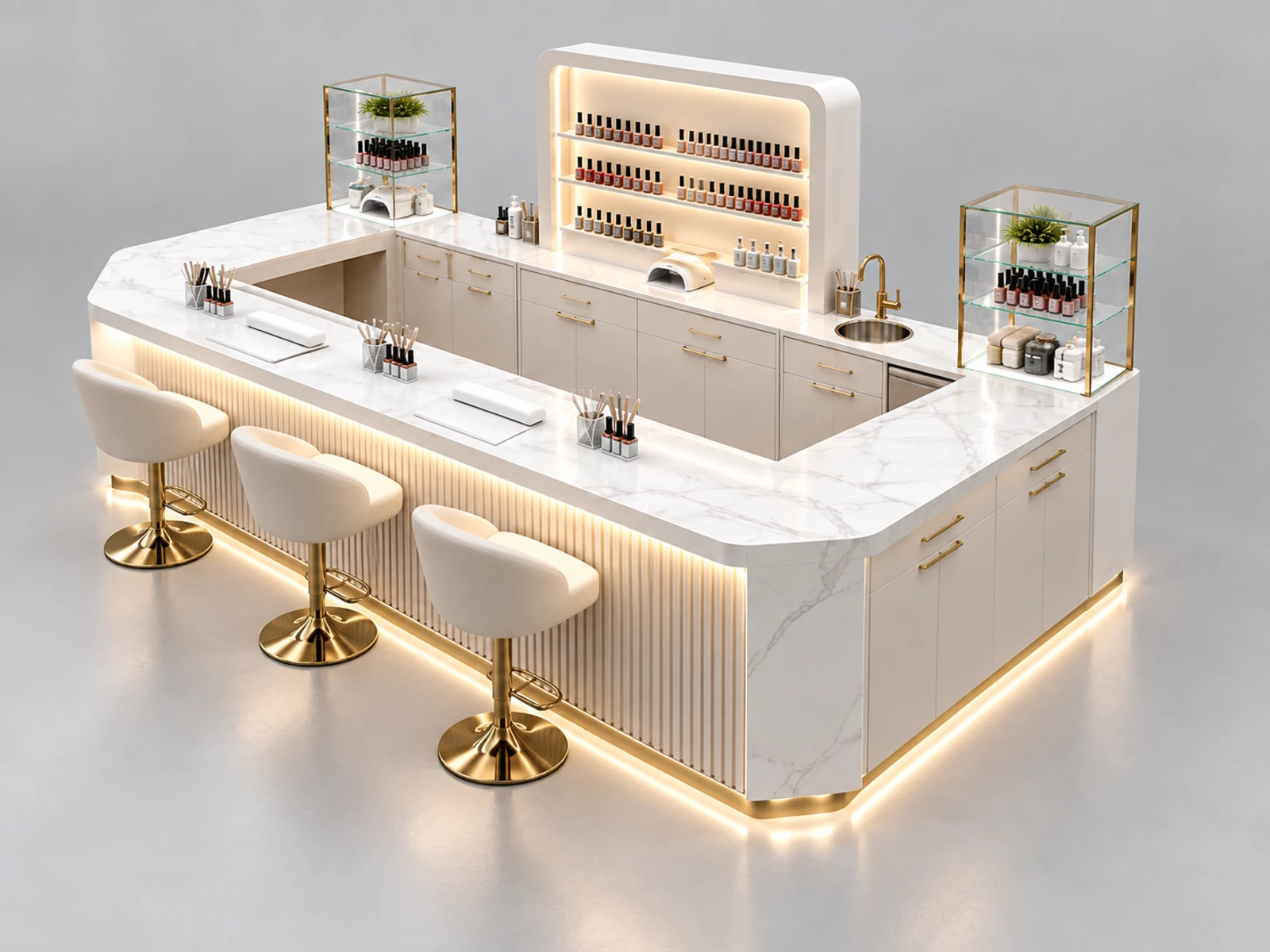 Curved Nail Bar Kiosk with Central Reception Desk staff-side equipment, utilities, and storage view