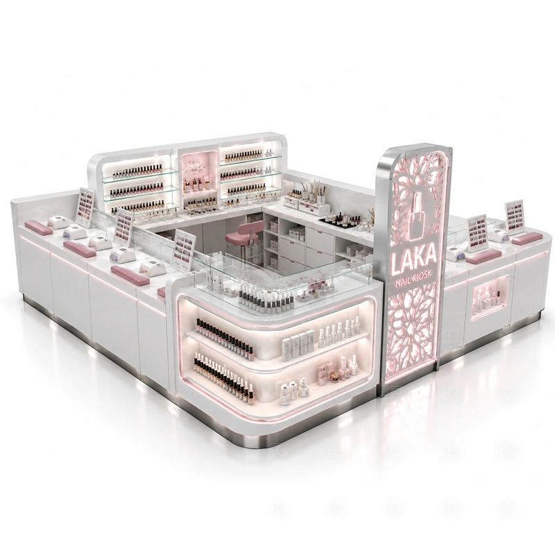 Custom Manicure Kiosk with Display Shelves display detail for retail shelves, polish display walls, and customer-facing counters planned for nail polish, retail beauty products, manicure tools, and customer-facing display