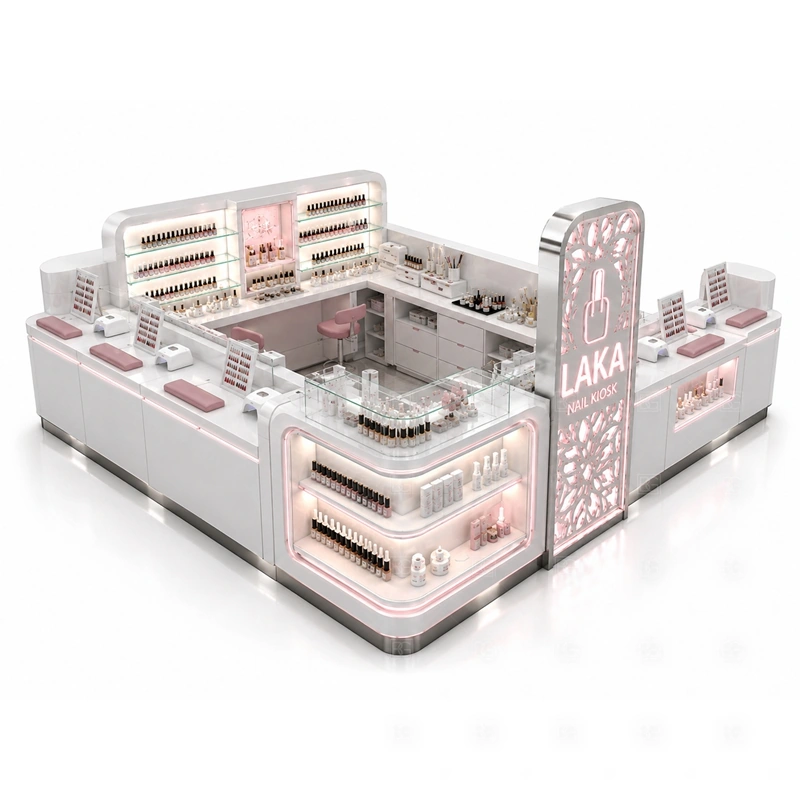 Custom Manicure Kiosk with Display Shelves branding detail for custom logo panels and soft display lighting coordinated with salon color, front panels, light boxes, and mall-facing graphics