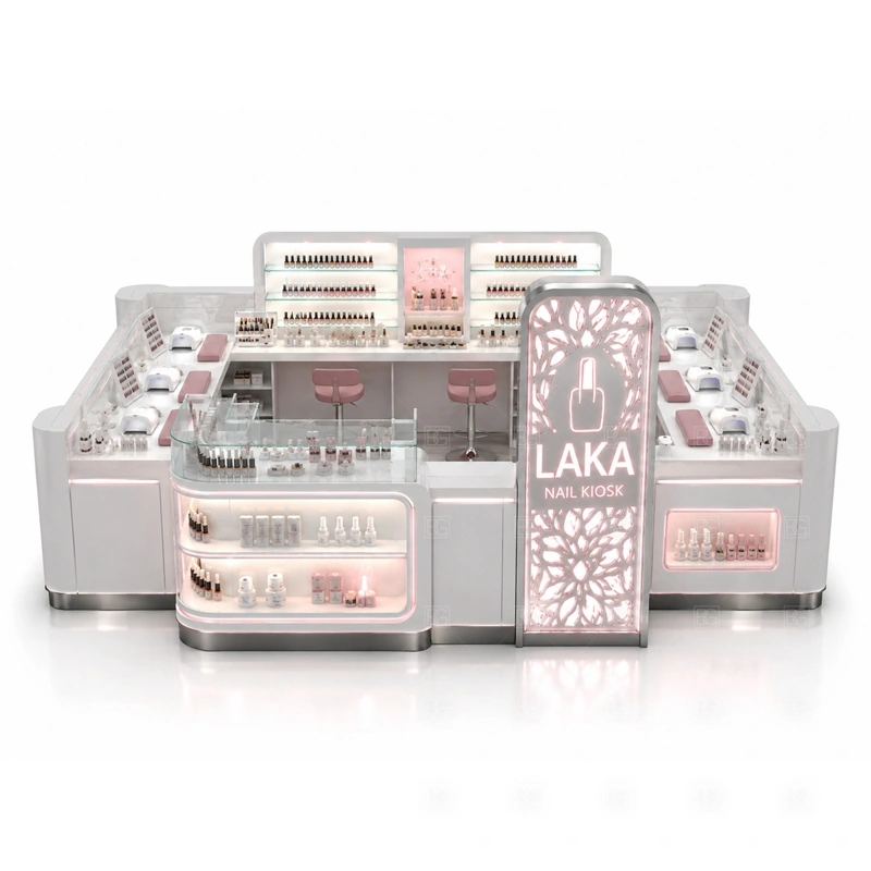 Custom Manicure Kiosk with Display Shelves storage detail for tool drawers, towel storage, polish stock, service supply cabinets, cable access, and cleaning space planned for custom manicure kiosk with display shelves