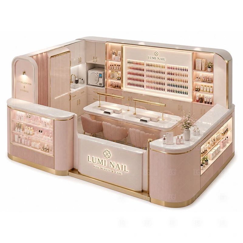 Custom Nail Bar Kiosk for Sale with a soft luxury island layout with display shelves and service seating shown in the custom nail bar kiosk for sale product photos for mall nail salon service
