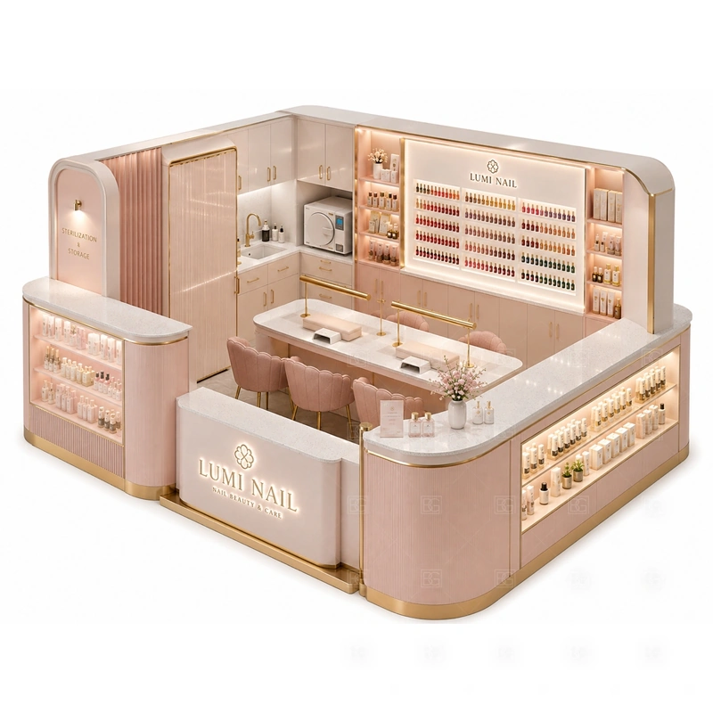 Custom Nail Bar Kiosk for Sale layout showing custom nail bar kiosk layout with multi-side counters, display storage, and customer seating shown in the custom nail bar kiosk for sale product photos, with brand-led retail locations where signage and product visibility need to work together
