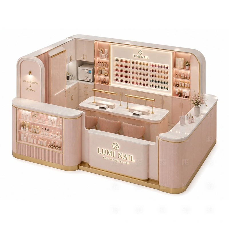 Custom Nail Bar Kiosk for Sale display detail for polish shelves, glass display areas, and front retail counters planned for nail polish, retail beauty products, manicure tools, and customer-facing display
