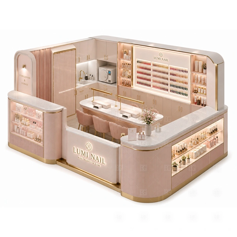 Custom Nail Bar Kiosk for Sale branding detail for front logo panels and soft LED brand lighting coordinated with salon color, front panels, light boxes, and mall-facing graphics