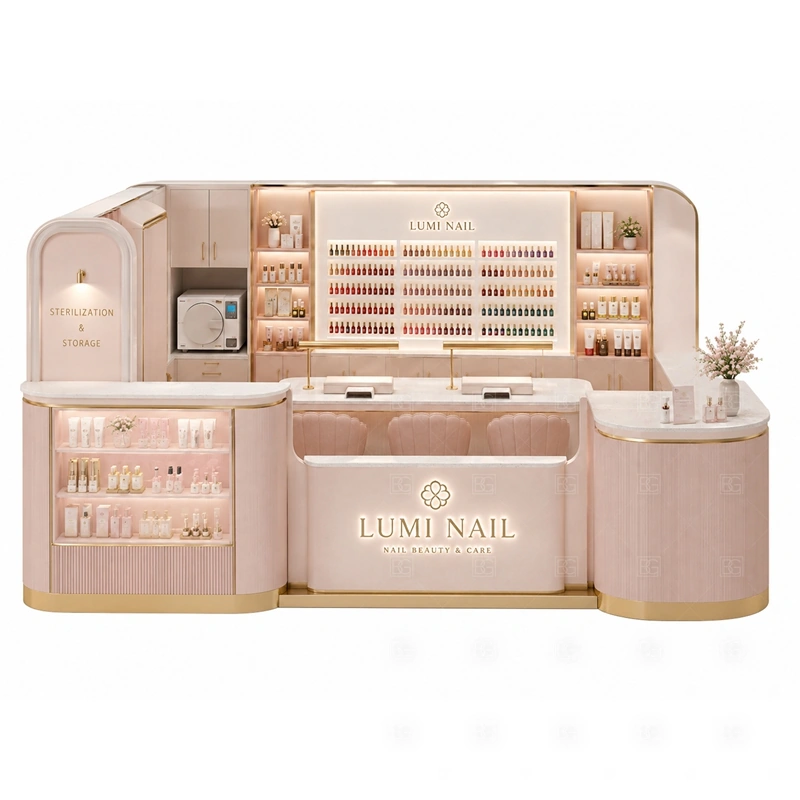 Custom Nail Bar Kiosk for Sale storage detail for tool drawers, towel storage, polish stock, service supply cabinets, cable access, and cleaning space planned for custom nail bar kiosk for sale