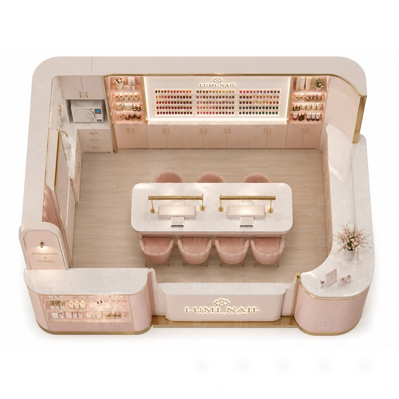Custom Nail Bar Kiosk for Sale buyer planning detail for Custom Nail Bar Kiosk for Sale target size, technician seat count, manicure counter length, polish shelf quantity, logo sign size, lighting color, mall rules, destination country