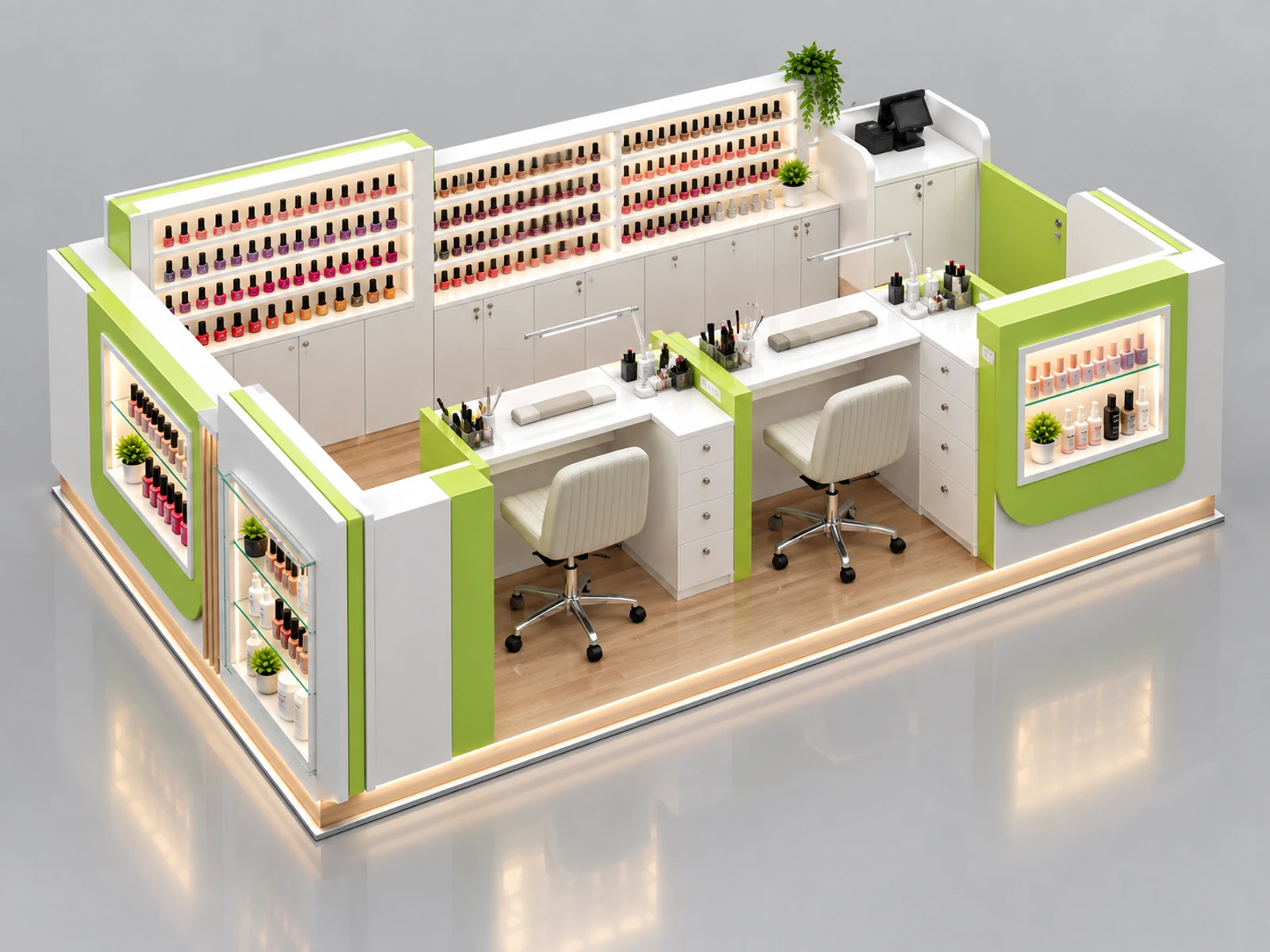 Express Nail Kiosk with Fast Service Counter staff-side equipment, utilities, and storage view