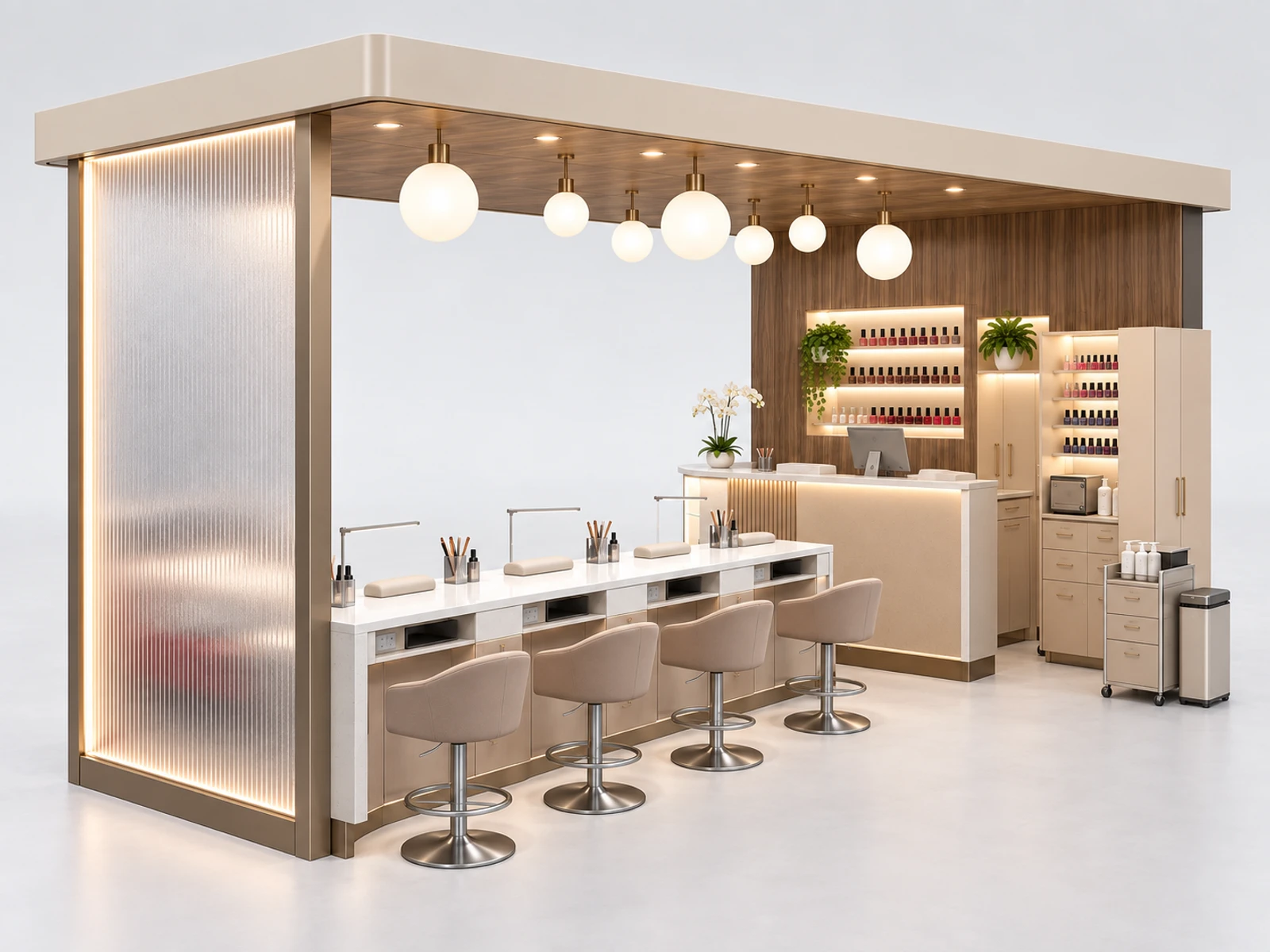 Franchise Nail Kiosk with Repeatable Brand Package staff-side equipment, utilities, and storage view