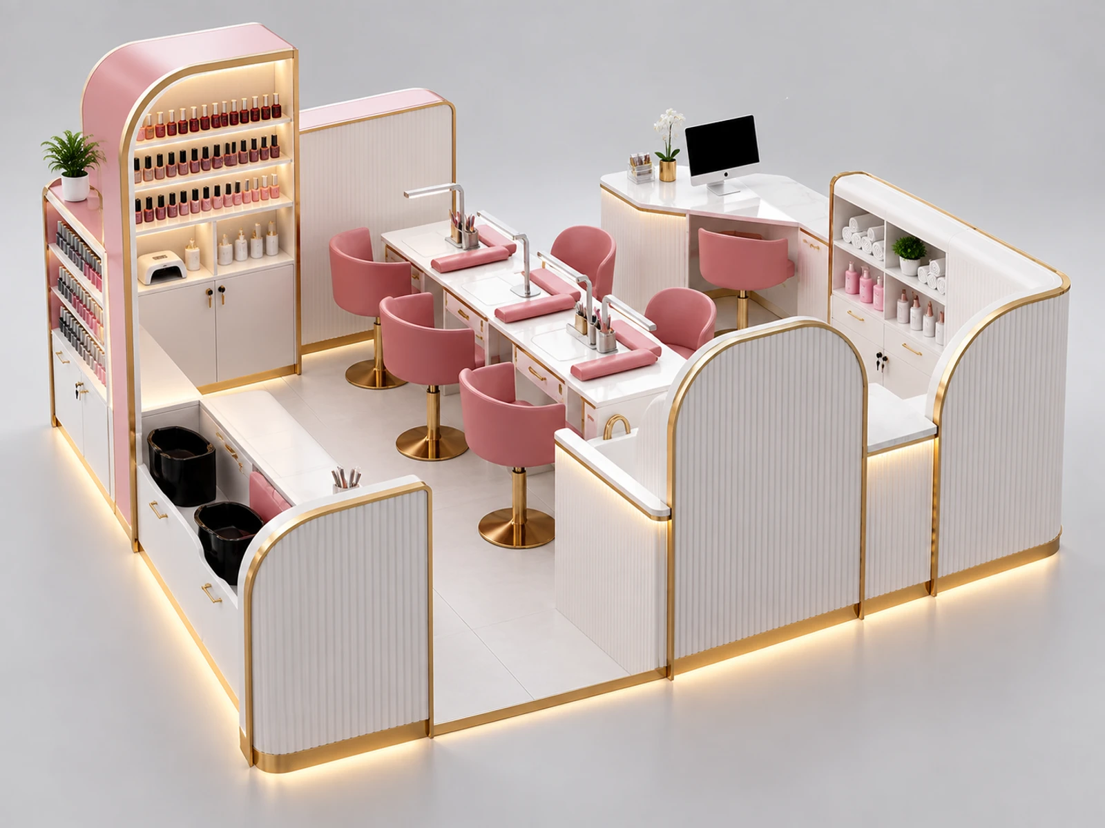 Island Manicure Kiosk with Multi-Side Service Layout opposite angle showing the complete layout