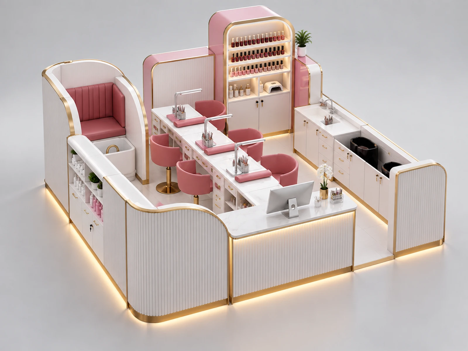Island Manicure Kiosk with Multi-Side Service Layout staff-side equipment, utilities, and storage view