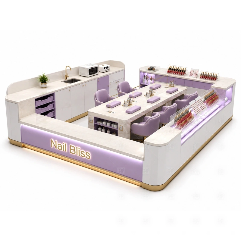 LED Nail Polish Display Kiosk layout showing LED nail polish display kiosk layout with service counters and retail shelving shown in the led nail polish display kiosk product photos, with front-facing mall traffic with a clear customer approach and staff side behind the counter