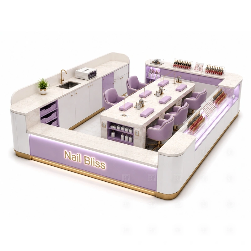 LED Nail Polish Display Kiosk display detail for backlit nail polish shelves, front display panels, and manicure retail counters planned for nail polish, retail beauty products, manicure tools, and customer-facing display