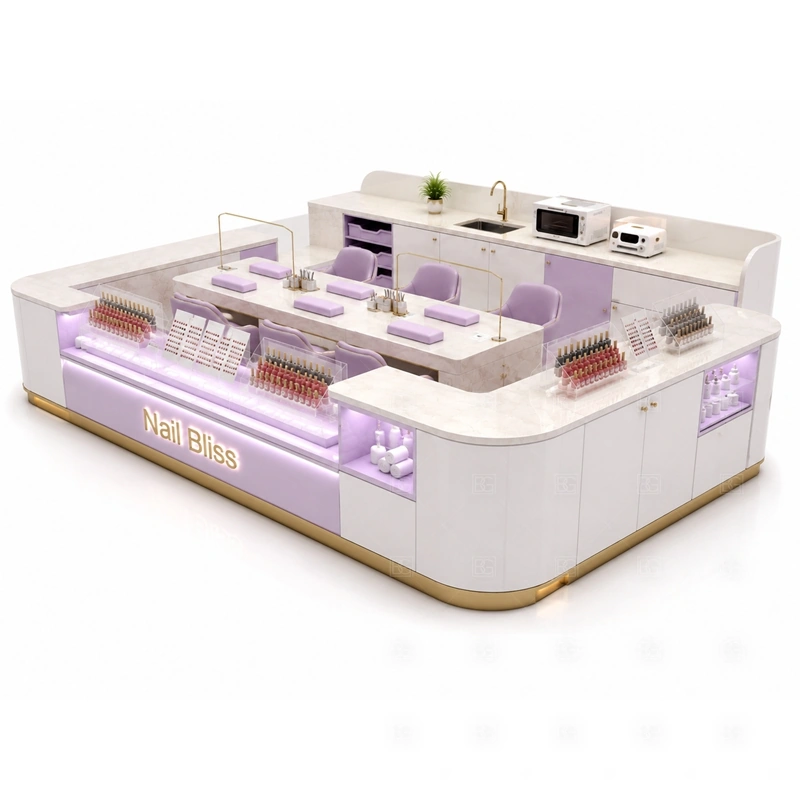 LED Nail Polish Display Kiosk branding detail for LED logo signage and lighted polish display areas coordinated with salon color, front panels, light boxes, and mall-facing graphics