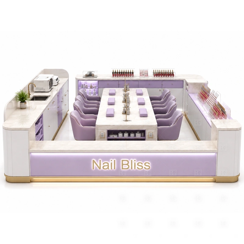 LED Nail Polish Display Kiosk storage detail for tool drawers, towel storage, polish stock, service supply cabinets, cable access, and cleaning space planned for led nail polish display kiosk