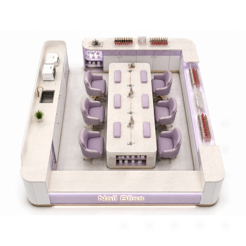 LED Nail Polish Display Kiosk buyer planning detail for LED Nail Polish Display Kiosk target size, technician seat count, manicure counter length, polish shelf quantity, logo sign size, lighting color, mall rules, destination country