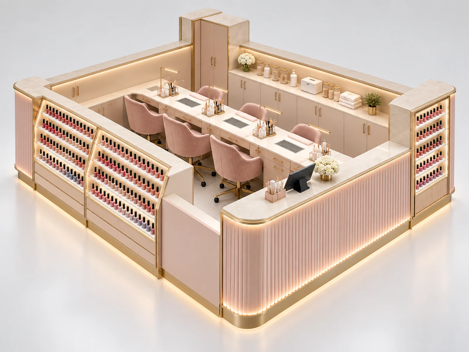 Luxury Nail Bar Kiosk with Four Manicure Stations opposite angle showing the complete layout