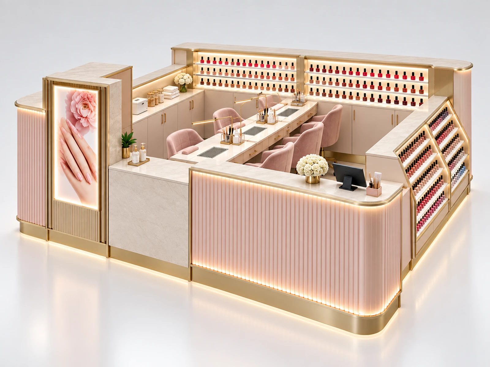 Luxury Nail Bar Kiosk with Four Manicure Stations customer-facing service and display detail