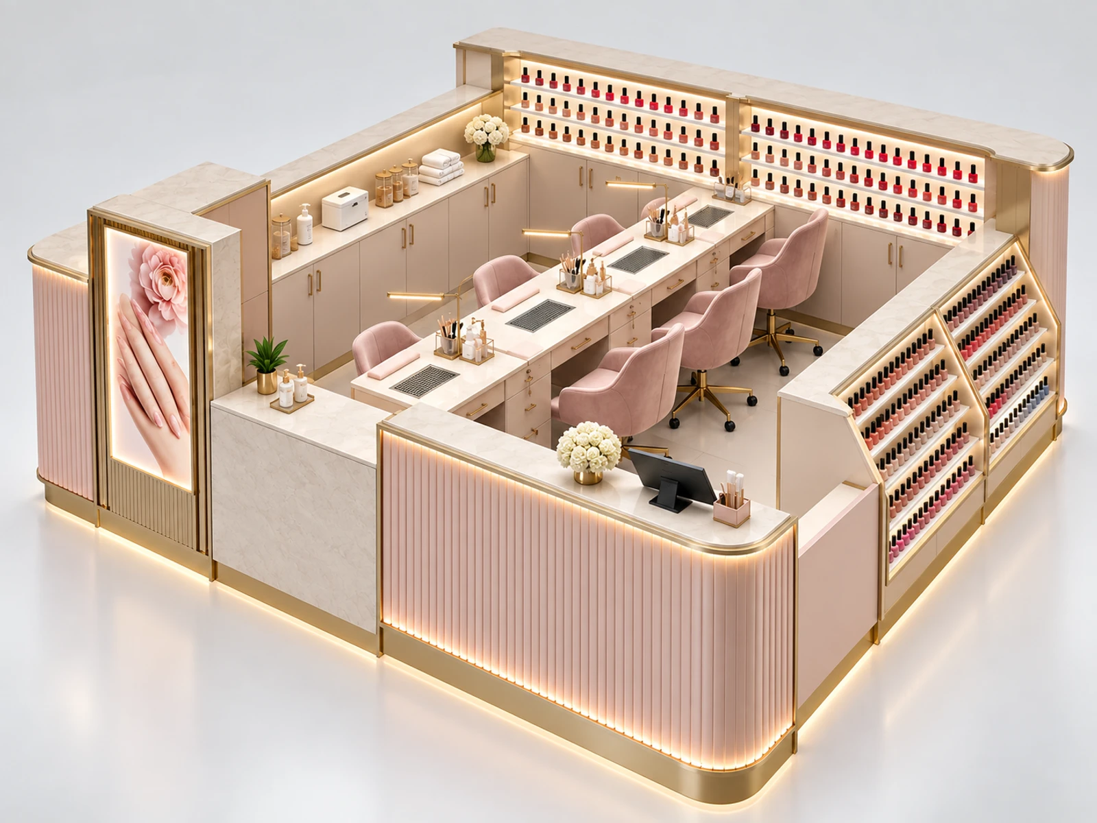 Luxury Nail Bar Kiosk with Four Manicure Stations staff-side equipment, utilities, and storage view