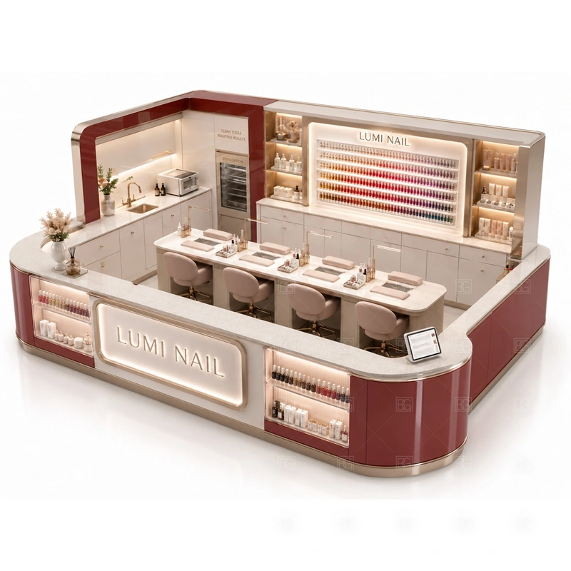Luxury Nail Salon Kiosk Manufacturer layout showing luxury nail salon kiosk layout with organized work counters and customer access shown in the luxury nail salon kiosk manufacturer product photos, with food court traffic where order, payment, and pickup need a clean sequence