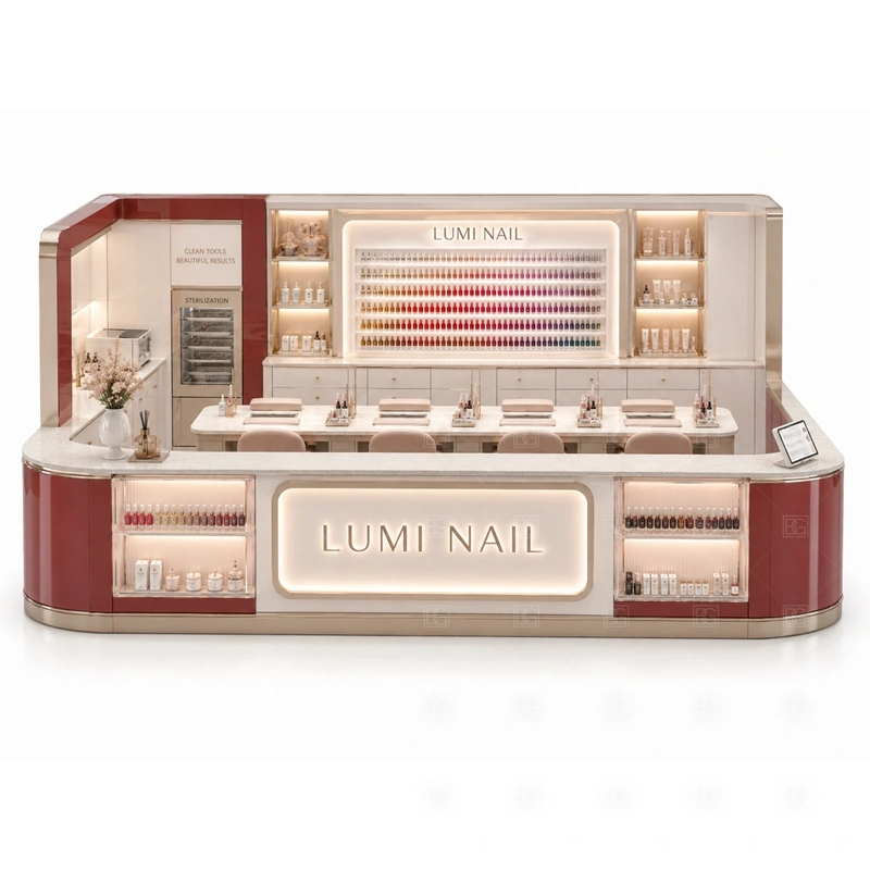 Luxury Nail Salon Kiosk Manufacturer storage detail for tool drawers, towel storage, polish stock, service supply cabinets, cable access, and cleaning space planned for luxury nail salon kiosk manufacturer