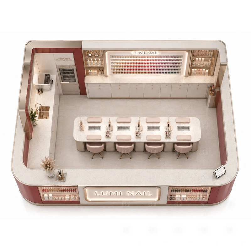 Luxury Nail Salon Kiosk Manufacturer buyer planning detail for Luxury Nail Salon Kiosk Manufacturer target size, technician seat count, manicure counter length, polish shelf quantity, logo sign size, lighting color, mall rules, destination country