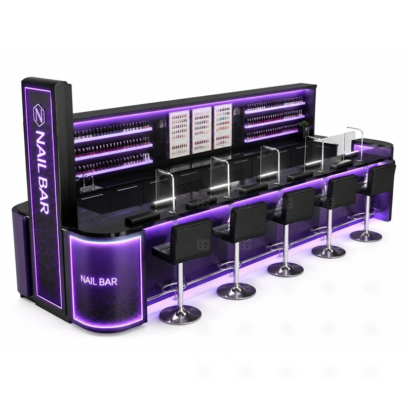Modern Nail Bar Station Manufacturer with a linear service station with bold lighting and bar-style seating shown in the modern nail bar station manufacturer product photos for mall nail salon service